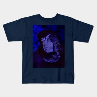 Portrait, digital collage and special processing. Man, knight on street, face. Near some building. Dark blue. Night. Kids T-Shirt